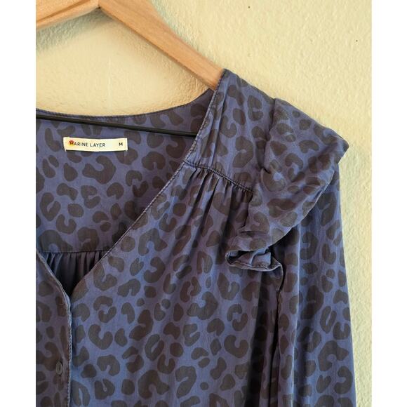 Marine Layer Women's Blue Leopard Ruffle Blouse SZ Medium - Picture 4 of 8